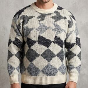 Vintage Men's Geometric Argyle Knit Sweater Grey Black Academic 80s 90s L